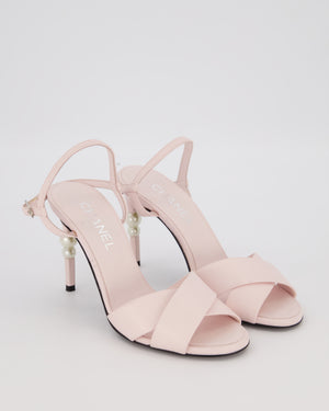 Chanel Baby Pink Leather Crossover Heels with Logo Pearl Heel Detail Size EU 37.5