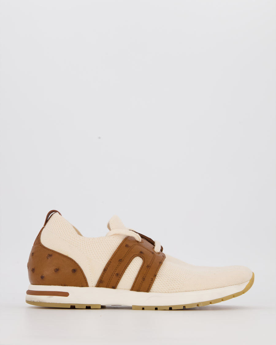 Loro Piana 360 LP Flexy Walk Sneaker in Light Cream Knitted Wool and Brown Ostrich Panels Size EU 37.5