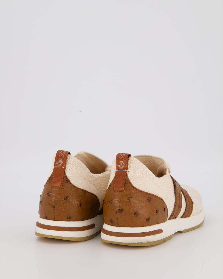 Loro Piana 360 LP Flexy Walk Sneaker in Light Cream Knitted Wool and Brown Ostrich Panels Size EU 37.5