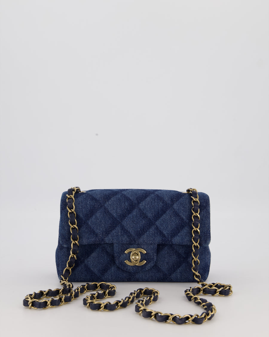 Chanel Dark Blue Quilted-Effect Blue Mini Rectangular Flap Bag in Denim with Gold Hardware
