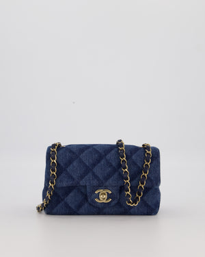 Chanel Dark Blue Quilted-Effect Blue Mini Rectangular Flap Bag in Denim with Gold Hardware