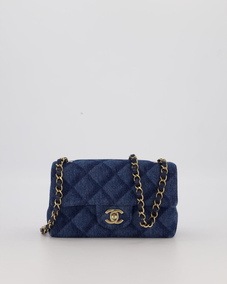 Chanel Dark Blue Quilted-Effect Blue Mini Rectangular Flap Bag in Denim with Gold Hardware