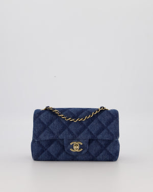 Chanel Dark Blue Quilted-Effect Blue Mini Rectangular Flap Bag in Denim with Gold Hardware