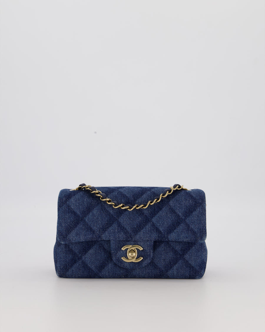 Chanel Dark Blue Quilted-Effect Blue Mini Rectangular Flap Bag in Denim with Gold Hardware