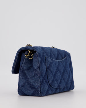 Chanel Dark Blue Quilted-Effect Blue Mini Rectangular Flap Bag in Denim with Gold Hardware