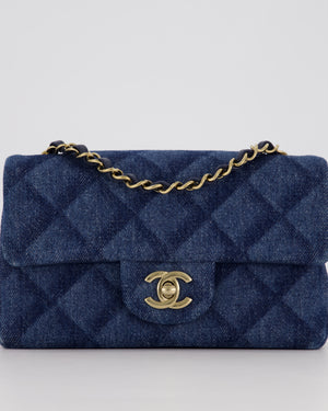Chanel Dark Blue Quilted-Effect Blue Mini Rectangular Flap Bag in Denim with Gold Hardware