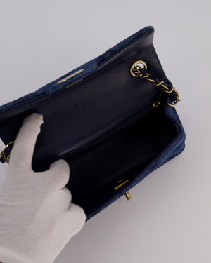 Chanel Dark Blue Quilted-Effect Blue Mini Rectangular Flap Bag in Denim with Gold Hardware