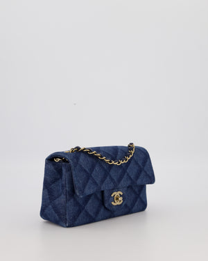 Chanel Dark Blue Quilted-Effect Blue Mini Rectangular Flap Bag in Denim with Gold Hardware