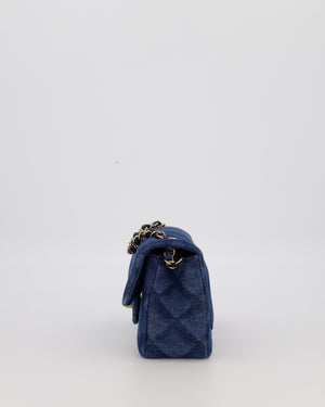 Chanel Dark Blue Quilted-Effect Blue Mini Rectangular Flap Bag in Denim with Gold Hardware