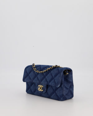 Chanel Dark Blue Quilted-Effect Blue Mini Rectangular Flap Bag in Denim with Gold Hardware