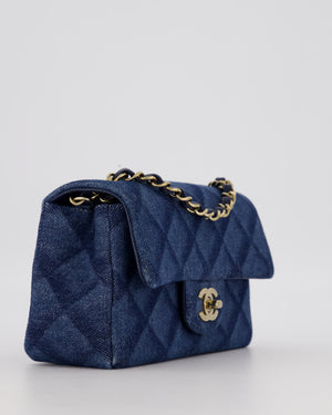 Chanel Dark Blue Quilted-Effect Blue Mini Rectangular Flap Bag in Denim with Gold Hardware