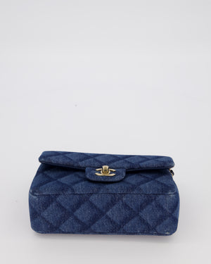 Chanel Dark Blue Quilted-Effect Blue Mini Rectangular Flap Bag in Denim with Gold Hardware