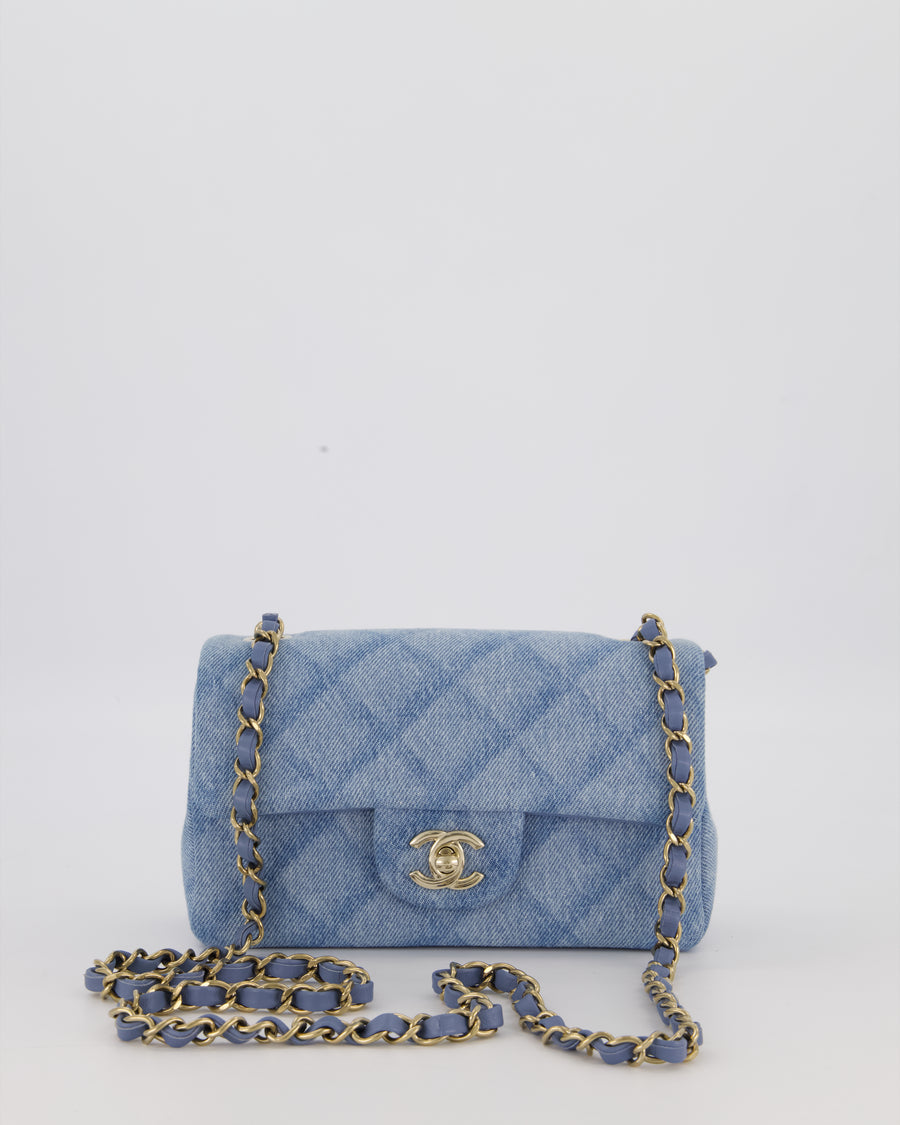 Chanel Light Blue Quilted-Effect Mini Rectangular Flap Bag in  Denim with Gold Hardware