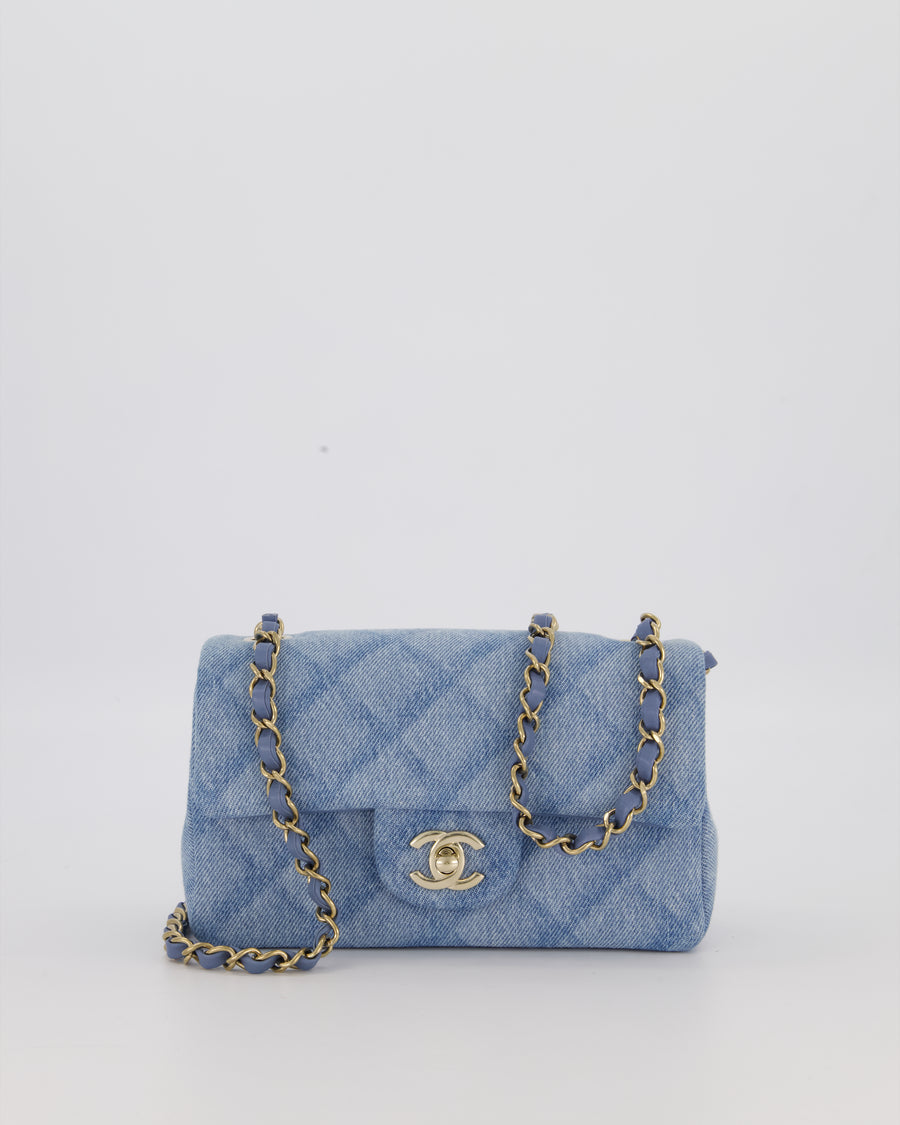 Chanel Light Blue Quilted-Effect Mini Rectangular Flap Bag in  Denim with Gold Hardware