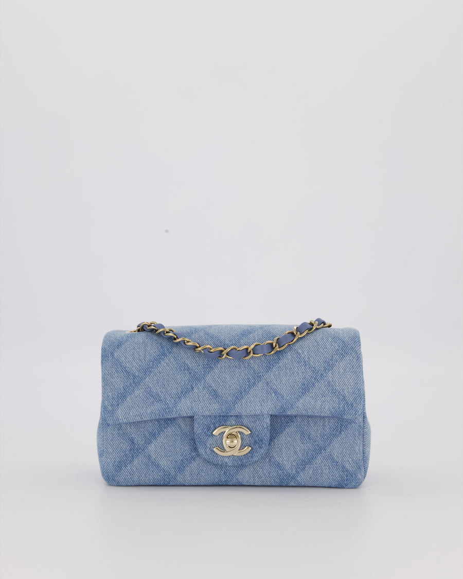 Chanel Light Blue Quilted-Effect Mini Rectangular Flap Bag in  Denim with Gold Hardware