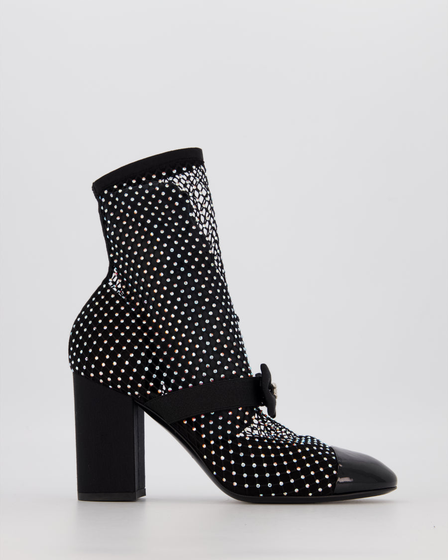 Chanel Resille Strass Black Mary Jane Boots With Embellished Mesh EU 37