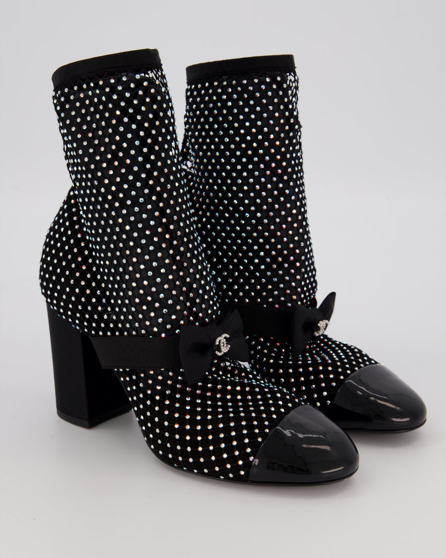Chanel Resille Strass Black Mary Jane Boots With Embellished Mesh EU 37