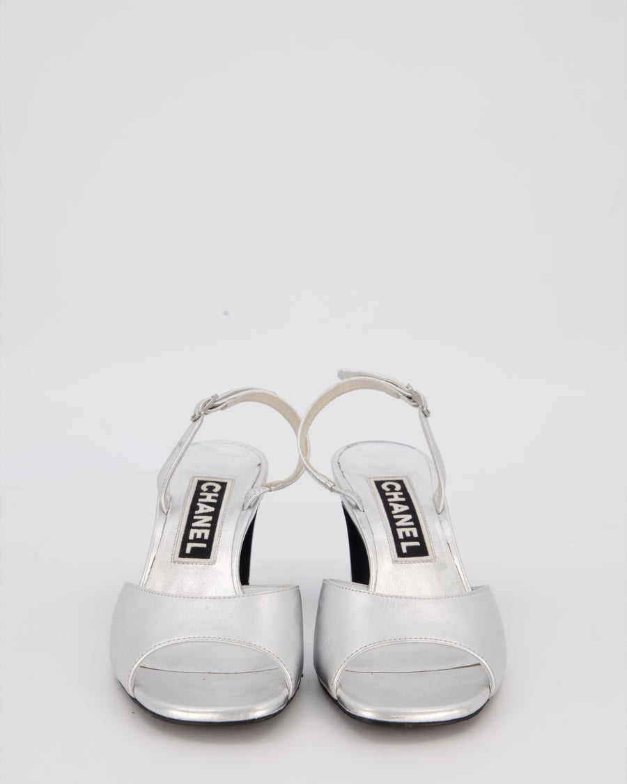 Chanel Silver Heeled Sandal With CC Logo Detail EU 37.5C