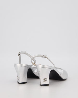 Chanel Silver Heeled Sandal With CC Logo Detail EU 37.5C