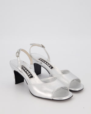 Chanel Silver Heeled Sandal With CC Logo Detail EU 37.5C