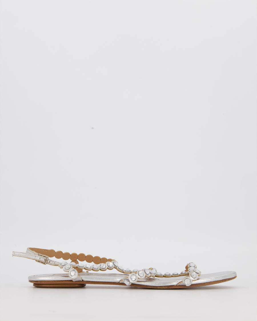 Aquazzura Tequila Flat Sandals In Metallic Silver EU 37.5