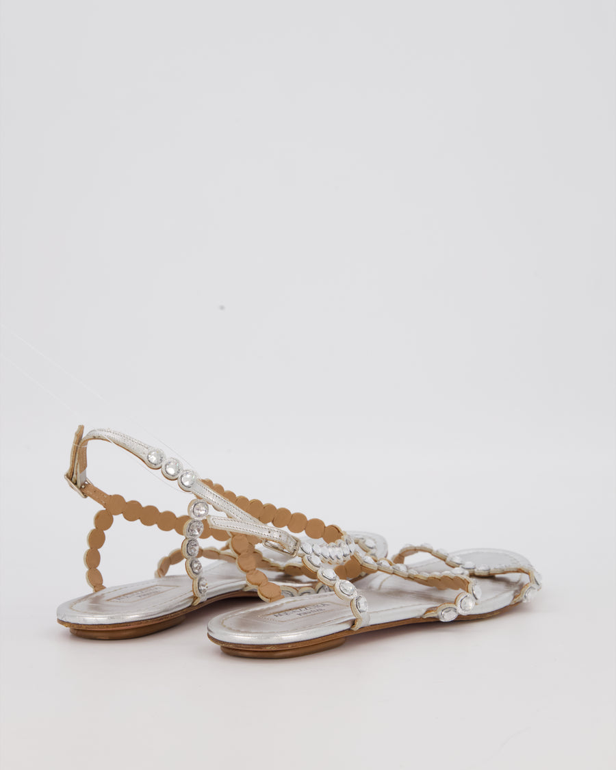 Aquazzura Tequila Flat Sandals In Metallic Silver EU 37.5