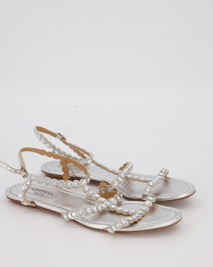 Aquazzura Tequila Flat Sandals In Metallic Silver EU 37.5