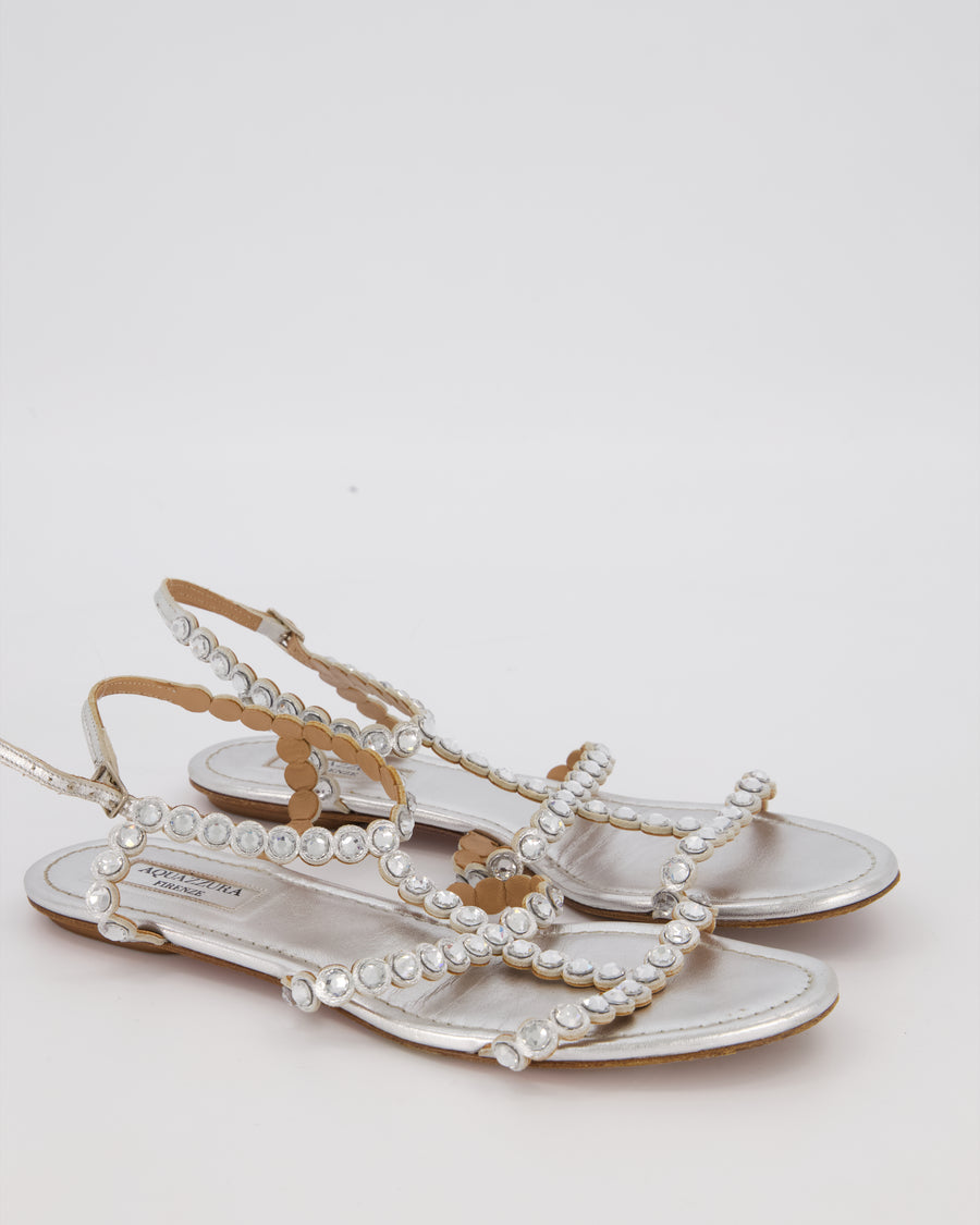 Aquazzura Tequila Flat Sandals In Metallic Silver EU 37.5