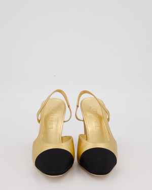 Chanel Gold Leather Slingback Heels with Black Toe Cap Size EU 37.5C