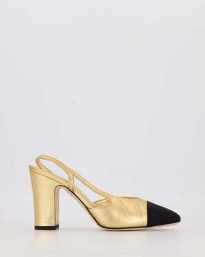 Chanel Gold Leather Slingback Heels with Black Toe Cap Size EU 37.5C