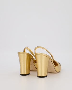 Chanel Gold Leather Slingback Heels with Black Toe Cap Size EU 37.5C