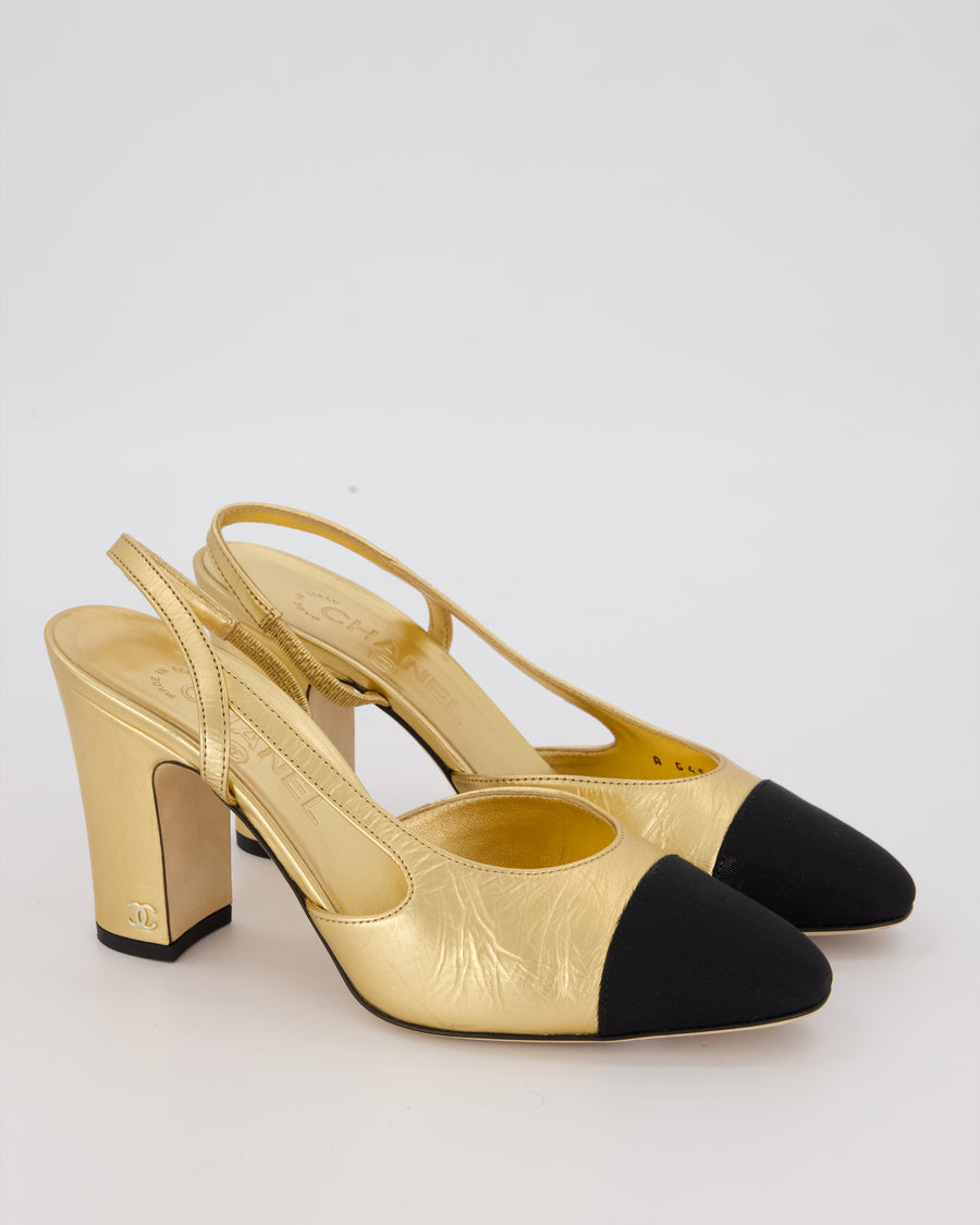 Chanel Gold Leather Slingback Heels with Black Toe Cap Size EU 37.5C