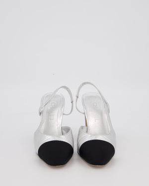 Chanel Silver Leather Slingback Heels with Black Toe Cap Size EU 37.5C