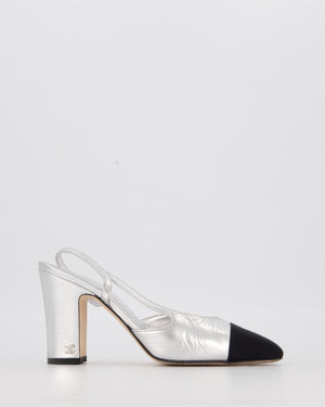 Chanel Silver Leather Slingback Heels with Black Toe Cap Size EU 37.5C