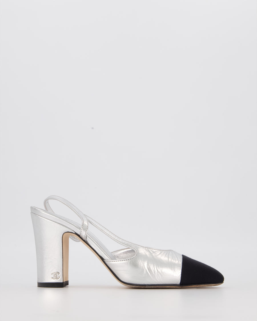 Chanel Silver Leather Slingback Heels with Black Toe Cap Size EU 37.5C