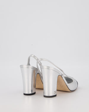 Chanel Silver Leather Slingback Heels with Black Toe Cap Size EU 37.5C