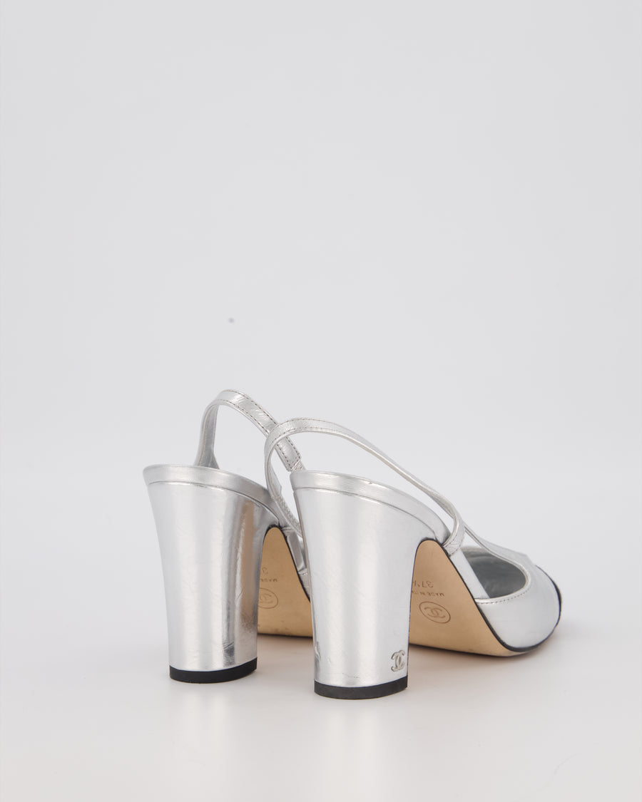 Chanel Silver Leather Slingback Heels with Black Toe Cap Size EU 37.5C
