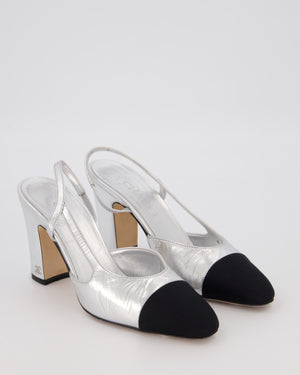 Chanel Silver Leather Slingback Heels with Black Toe Cap Size EU 37.5C