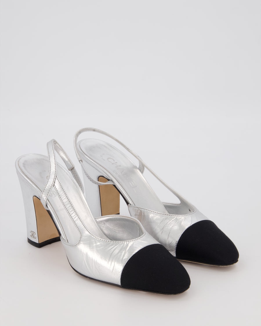 Chanel Silver Leather Slingback Heels with Black Toe Cap Size EU 37.5C