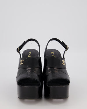 Chanel Black Platform Heeled Sandals With CC Logo Detail Size EU 37.5