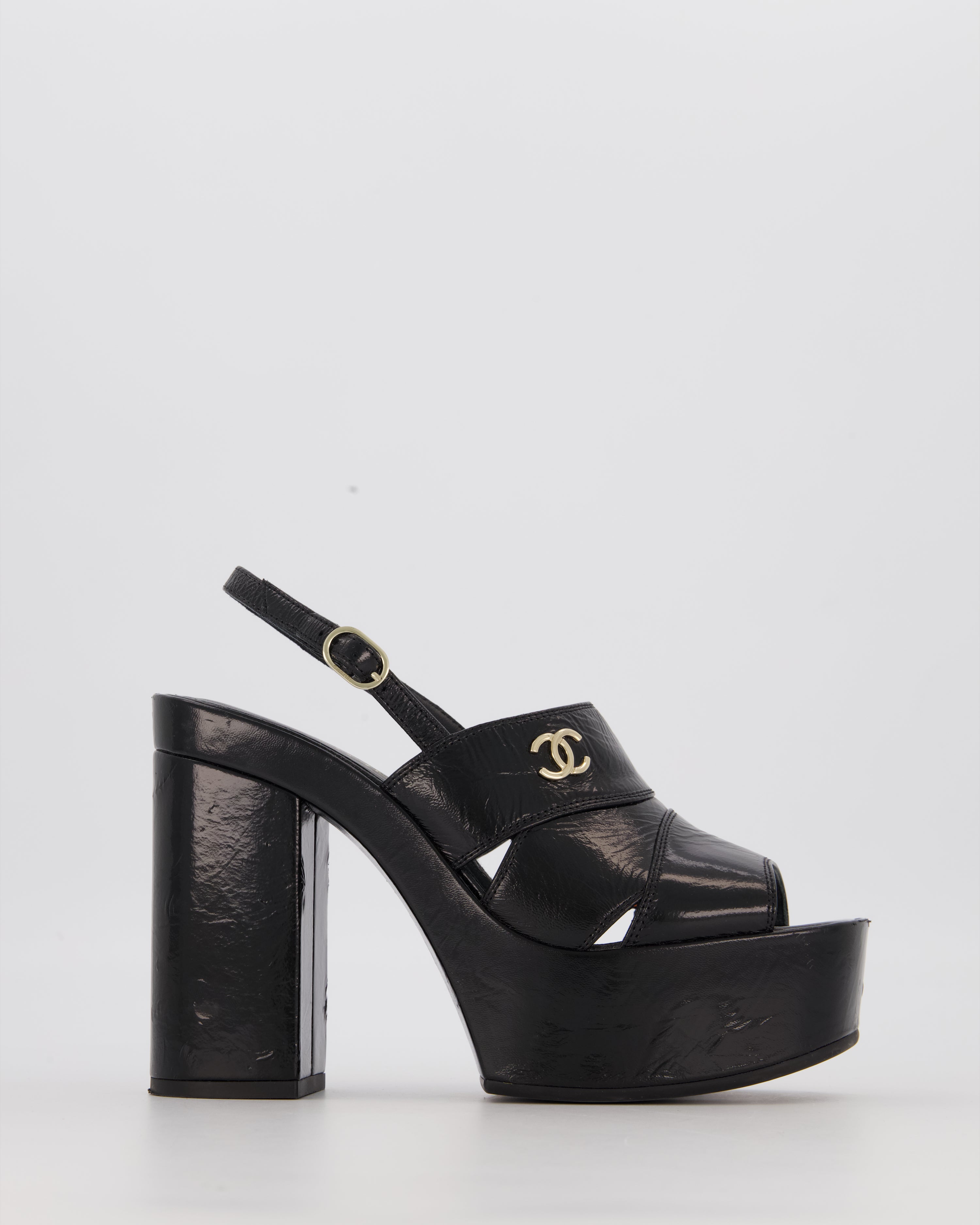 Chanel Black Platform Heeled Sandals With CC Logo Detail Size EU