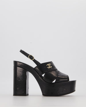 Chanel Black Platform Heeled Sandals With CC Logo Detail Size EU 37.5