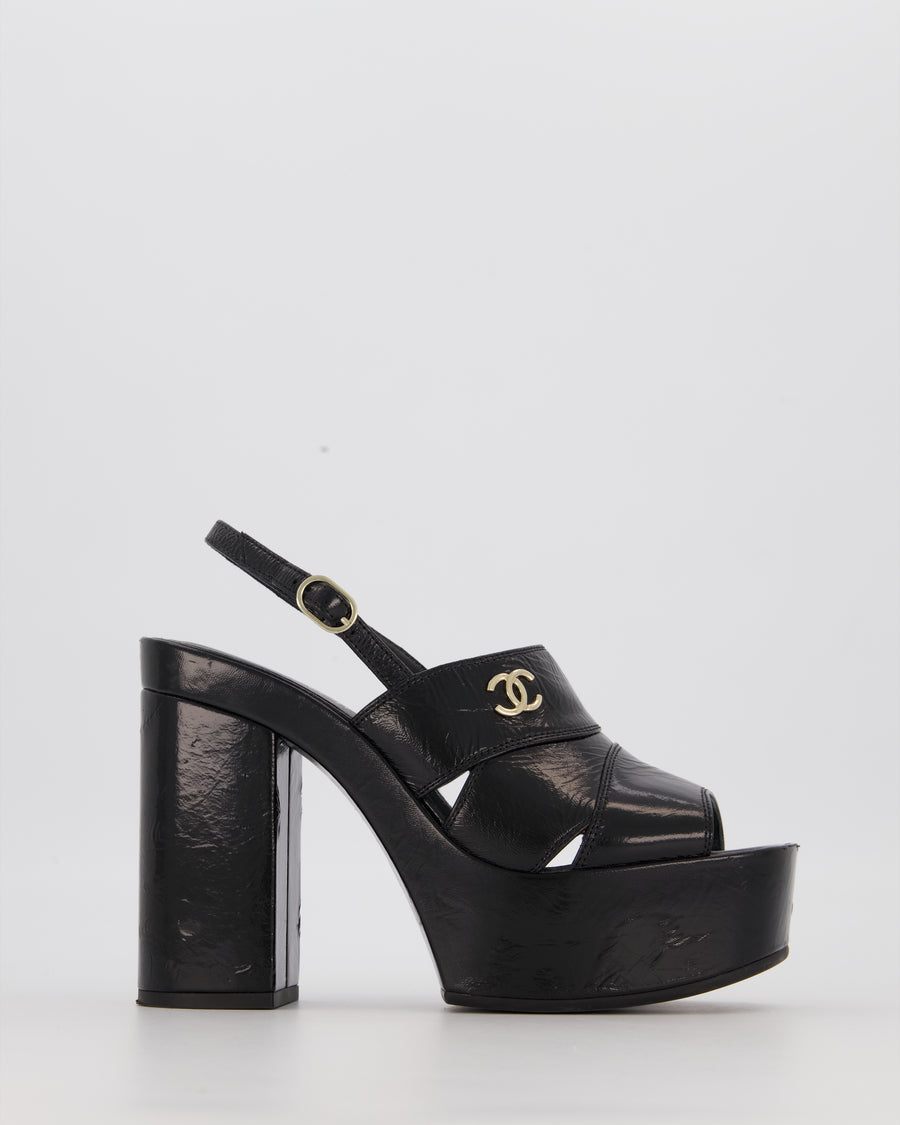 Chanel Black Platform Heeled Sandals With CC Logo Detail Size EU 37.5