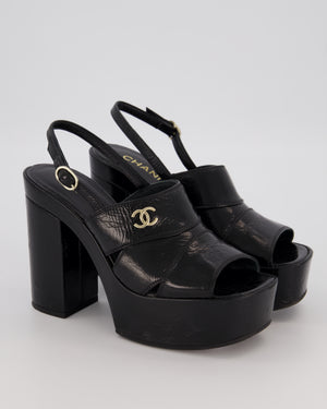 Chanel Black Platform Heeled Sandals With CC Logo Detail Size EU 37.5