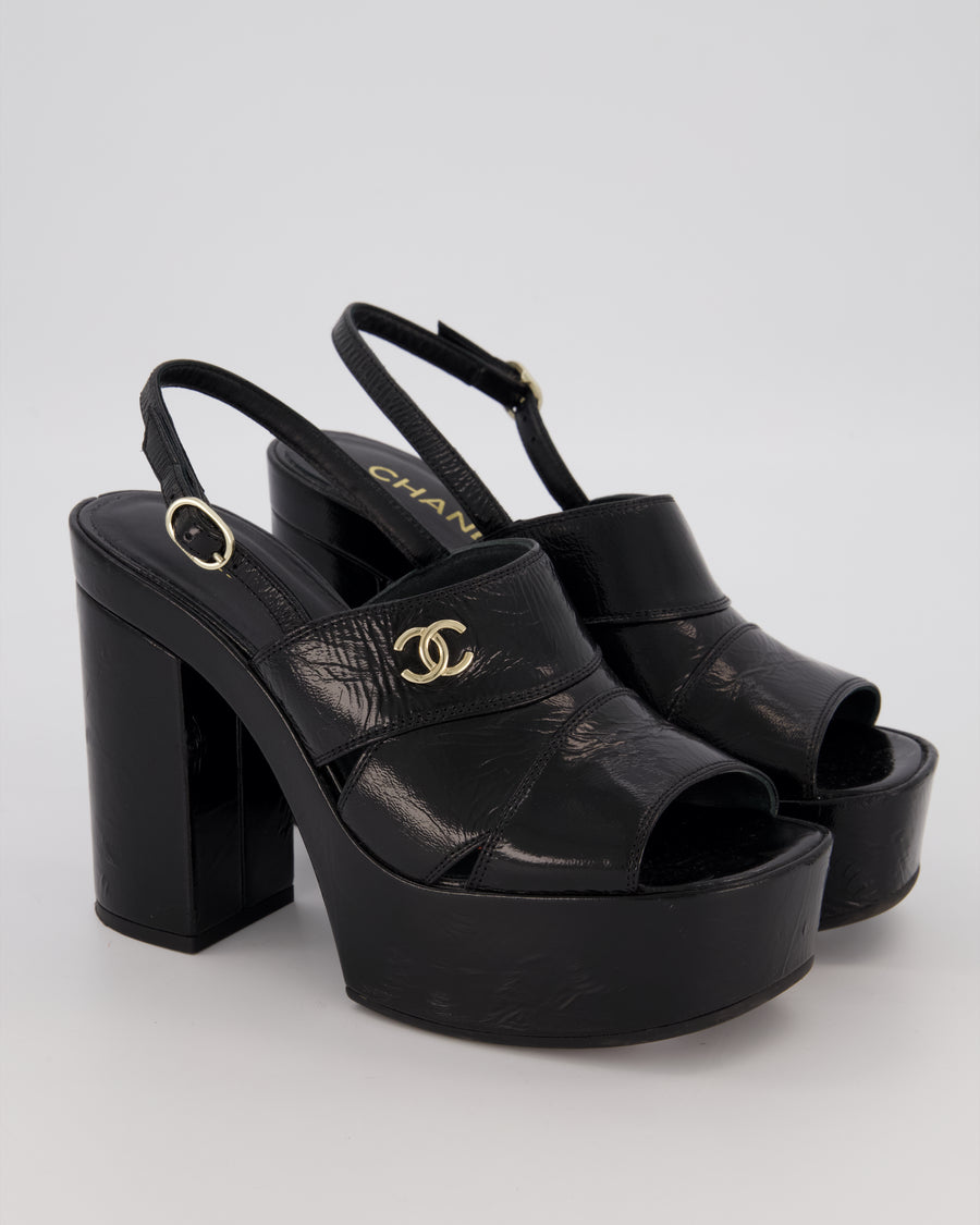 Chanel Black Platform Heeled Sandals With CC Logo Detail Size EU 37.5