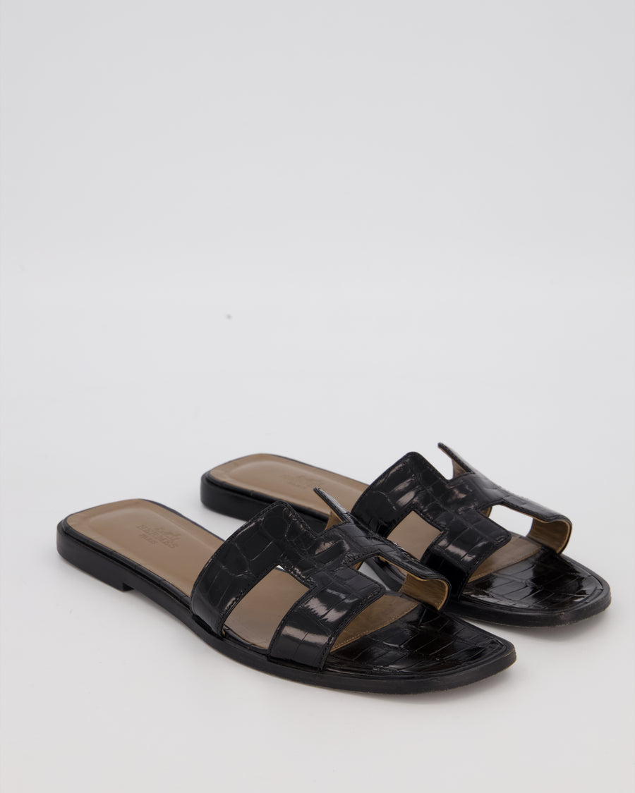 Hermès Oran Sandals in Noir Shiny Mississippiensis Alligator Size EU 38