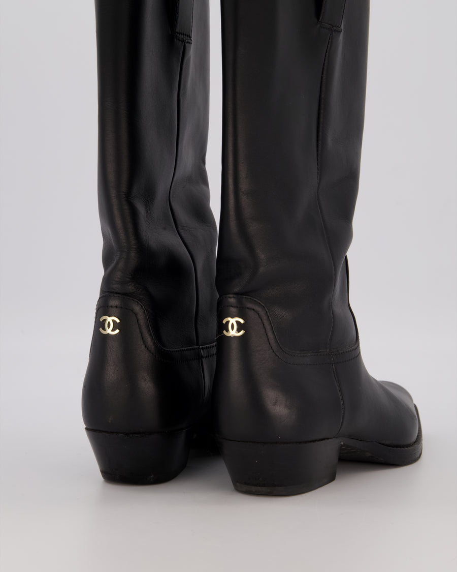 Chanel Black Knee High CC Cowboy Boots Size EU 39
