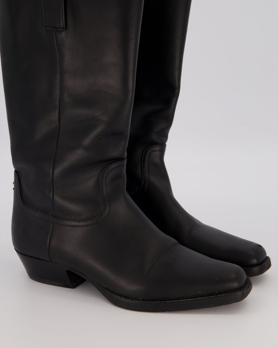 Chanel Black Knee High CC Cowboy Boots Size EU 39