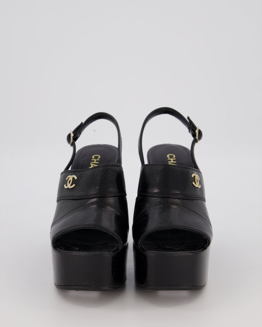 Chanel Platform Wedge Heel In Black With CC Logo Detail EU 38