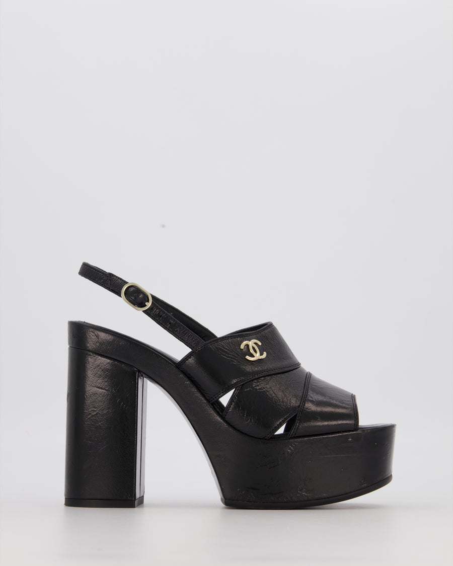 Chanel Platform Wedge Heel In Black With CC Logo Detail EU 38